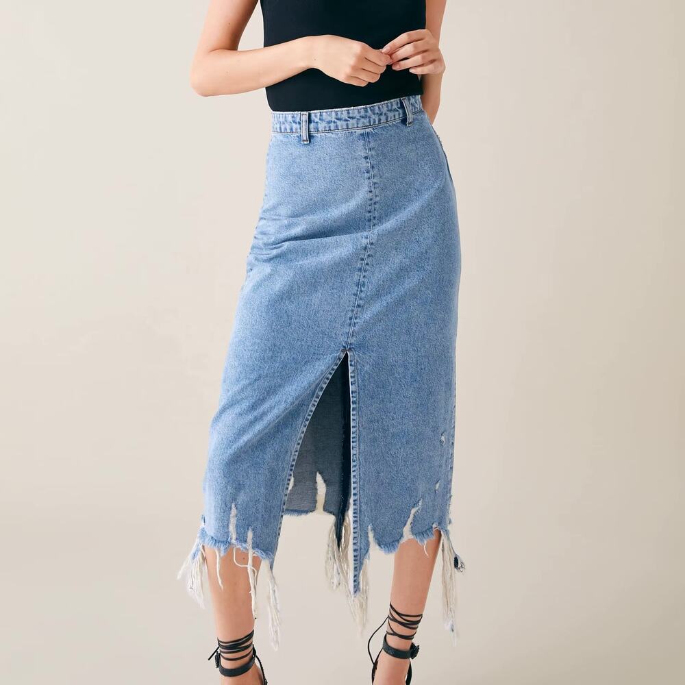 Zara Distressed Denim Midi Skirt Size Small Blue High Rise Frayed Hem Front Slit